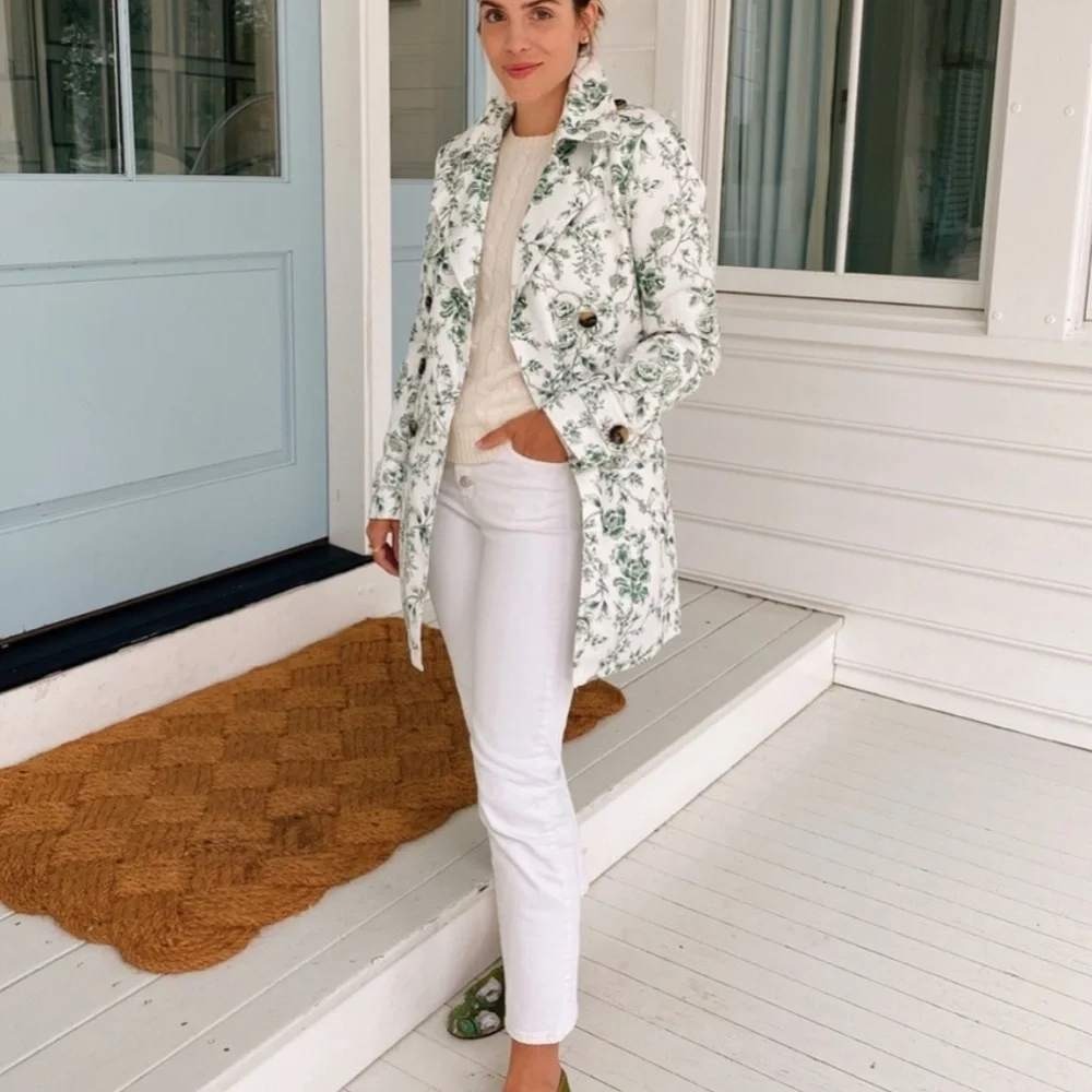 Gal Meets Glam Floral Toile Double Breasted Trench Coat Women Size L White Green